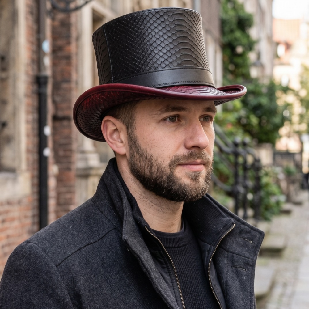 Black & Burgundy Leather Top Hat – Steampunk Gothic Victorian Cosplay Hat