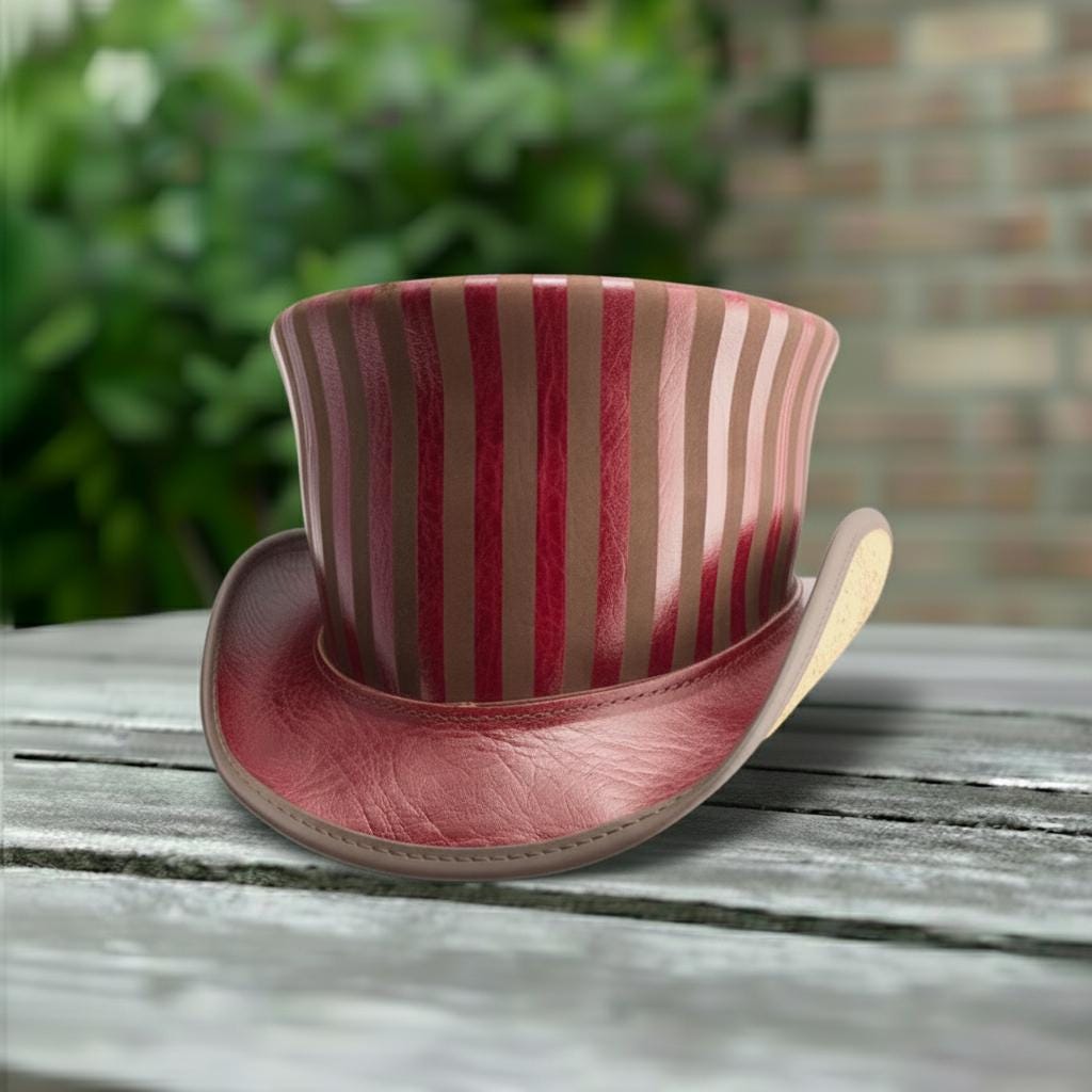 May include: A burgundy and brown striped top hat with a matching burgundy brim. The hat is set on a weathered wooden surface, with a blurred green background and a brick wall in the distance.