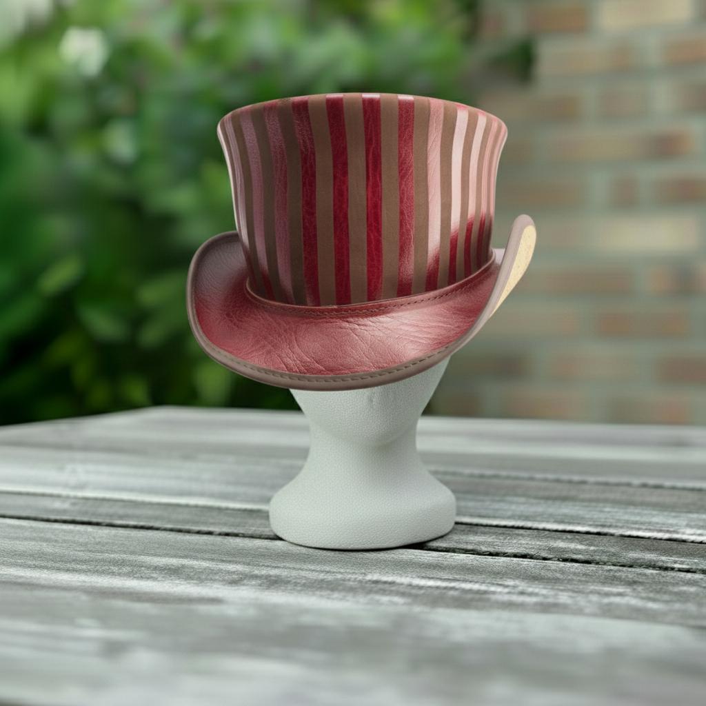 May include: A top hat with a red and brown striped crown and a red brim. The hat is displayed on a white mannequin head. The hat is set against a blurred green background and a wooden table.