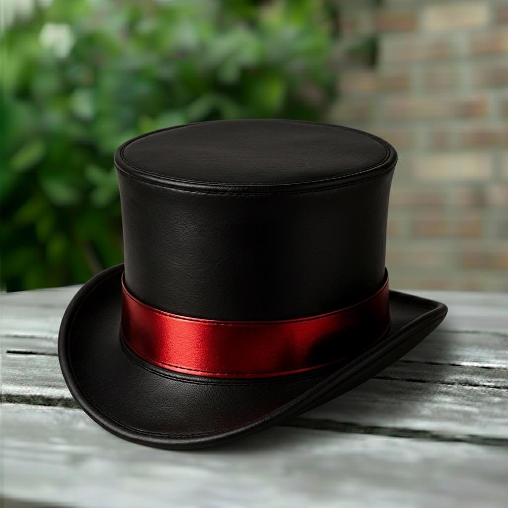 May include: A black top hat with a red band. The hat is made of a smooth material and sits on a wooden surface. The background features blurred green foliage and a brick wall.
