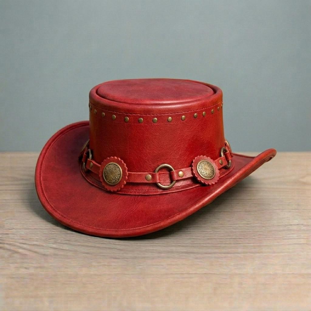 May include: A red leather cowboy hat with a wide brim and a cylindrical crown. The hat features a decorative band with circular bronze-coloured embellishments and rivets. The hat is a vibrant shade of red.
