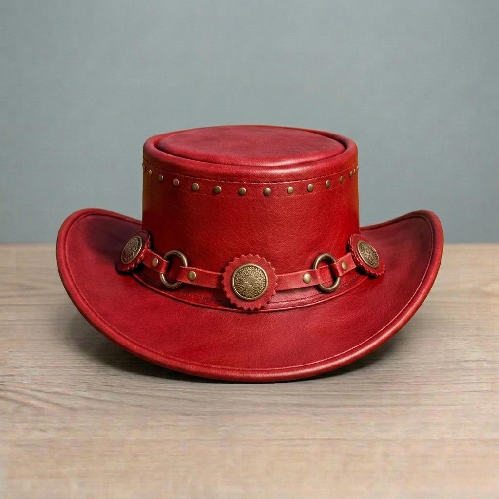 May include: A red leather hat with a wide brim and a cylindrical crown. The hat features brass-coloured studs around the crown and decorative circular accents on a band across the front. The hat is a western style.